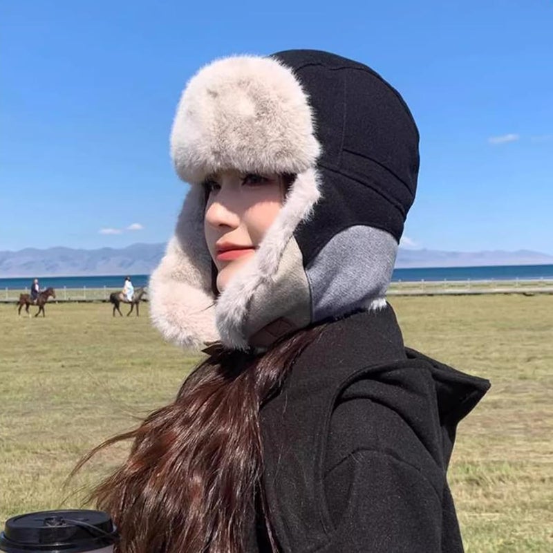 PURFUN Men Women Faux Fur Trapper Hat Stylish Splicing Color Winter Ski Hunting Hat Elders Warm Plush Ushanka Earflap Cap - Image 3